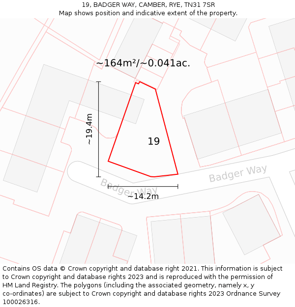 19, BADGER WAY, CAMBER, RYE, TN31 7SR: Plot and title map