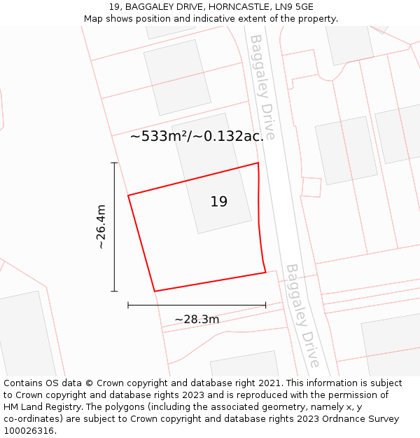 19, BAGGALEY DRIVE, HORNCASTLE, LN9 5GE: Plot and title map