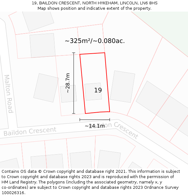 19, BAILDON CRESCENT, NORTH HYKEHAM, LINCOLN, LN6 8HS: Plot and title map