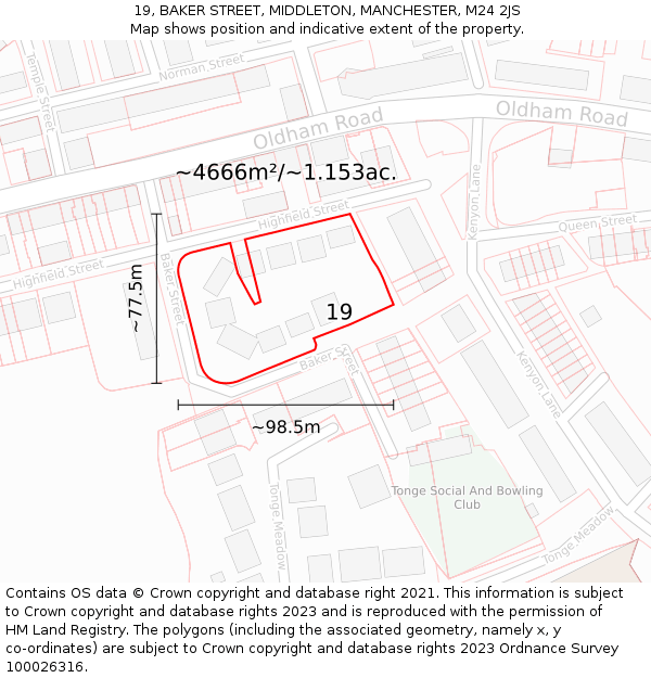 19, BAKER STREET, MIDDLETON, MANCHESTER, M24 2JS: Plot and title map