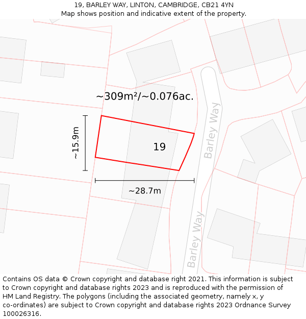 19, BARLEY WAY, LINTON, CAMBRIDGE, CB21 4YN: Plot and title map