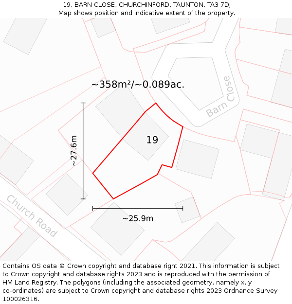 19, BARN CLOSE, CHURCHINFORD, TAUNTON, TA3 7DJ: Plot and title map