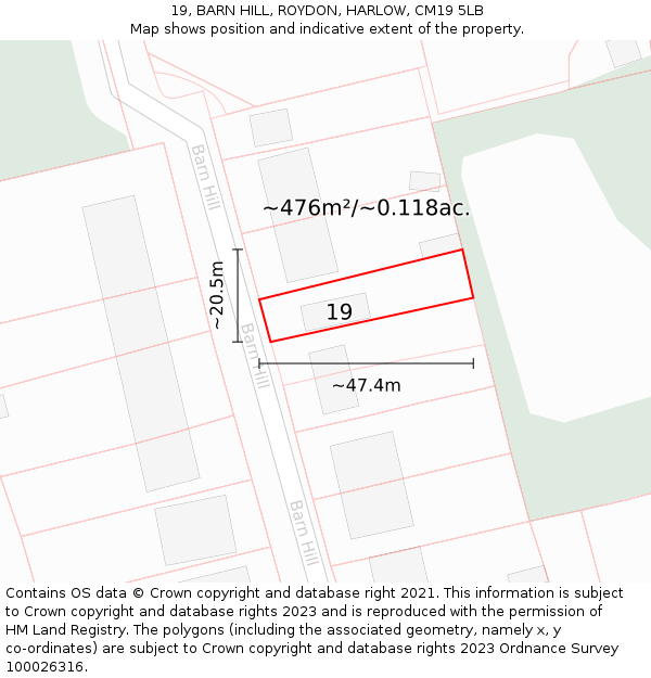 19, BARN HILL, ROYDON, HARLOW, CM19 5LB: Plot and title map