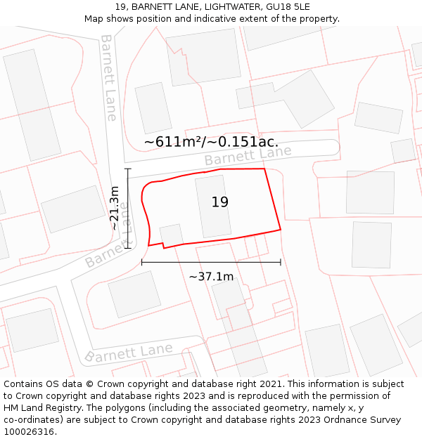 19, BARNETT LANE, LIGHTWATER, GU18 5LE: Plot and title map