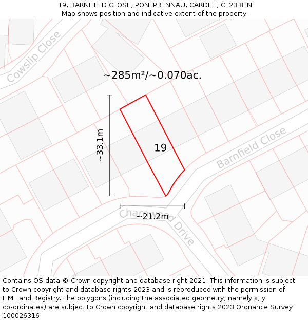 19, BARNFIELD CLOSE, PONTPRENNAU, CARDIFF, CF23 8LN: Plot and title map