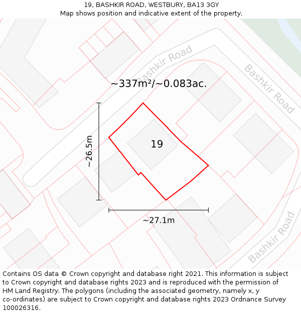 19, BASHKIR ROAD, WESTBURY, BA13 3GY: Plot and title map