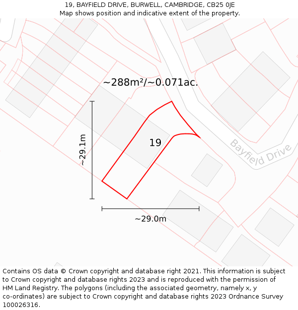 19, BAYFIELD DRIVE, BURWELL, CAMBRIDGE, CB25 0JE: Plot and title map