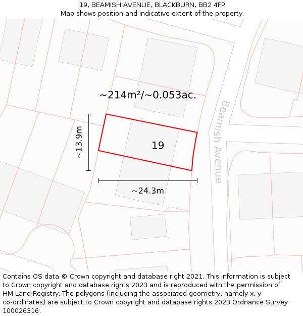 19, BEAMISH AVENUE, BLACKBURN, BB2 4FP: Plot and title map