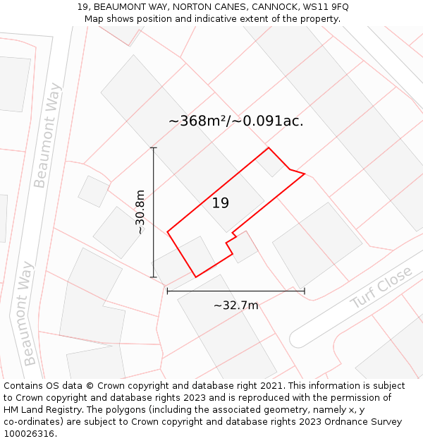 19, BEAUMONT WAY, NORTON CANES, CANNOCK, WS11 9FQ: Plot and title map