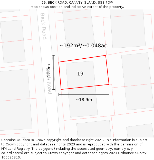 19, BECK ROAD, CANVEY ISLAND, SS8 7QW: Plot and title map