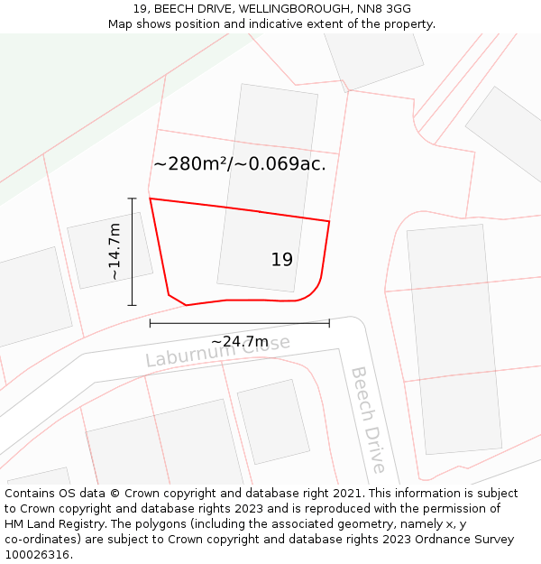 19, BEECH DRIVE, WELLINGBOROUGH, NN8 3GG: Plot and title map