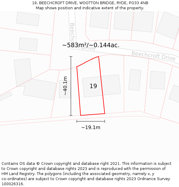 19, BEECHCROFT DRIVE, WOOTTON BRIDGE, RYDE, PO33 4NB: Plot and title map
