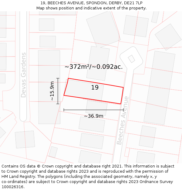 19, BEECHES AVENUE, SPONDON, DERBY, DE21 7LP: Plot and title map