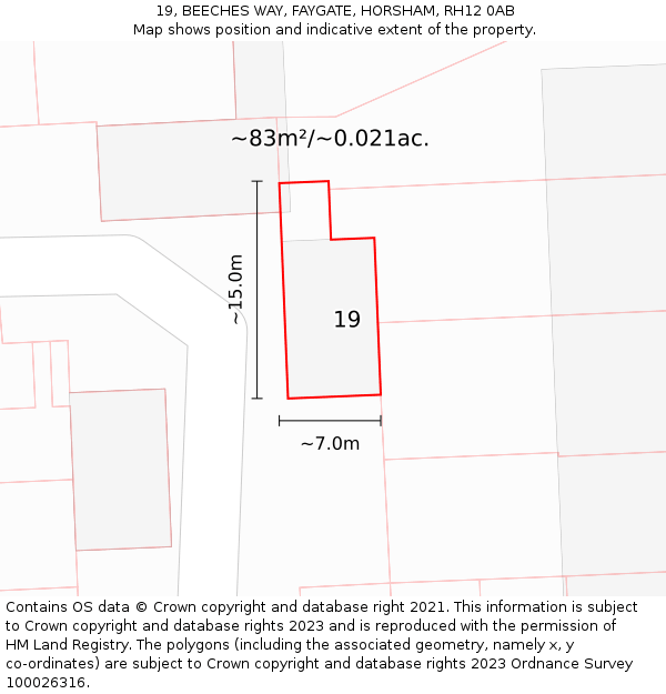 19, BEECHES WAY, FAYGATE, HORSHAM, RH12 0AB: Plot and title map