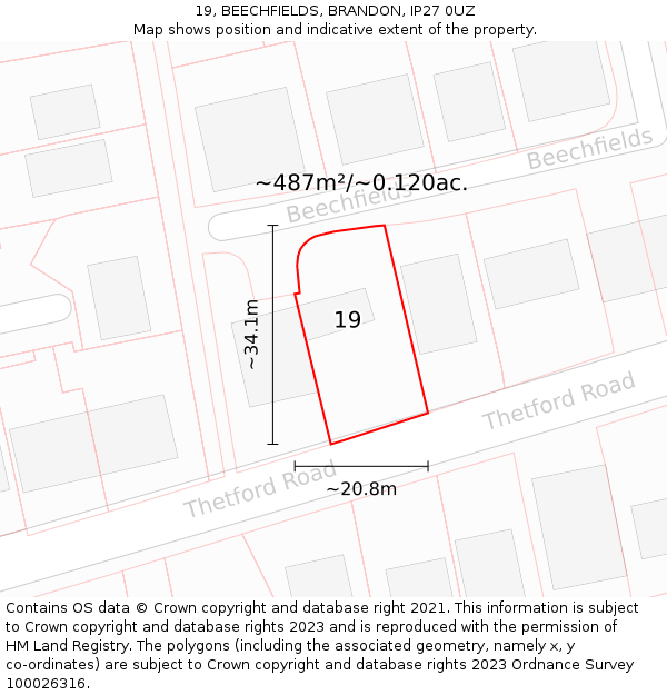 19, BEECHFIELDS, BRANDON, IP27 0UZ: Plot and title map