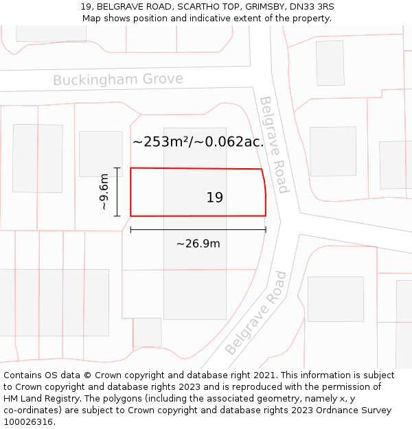 19, BELGRAVE ROAD, SCARTHO TOP, GRIMSBY, DN33 3RS: Plot and title map