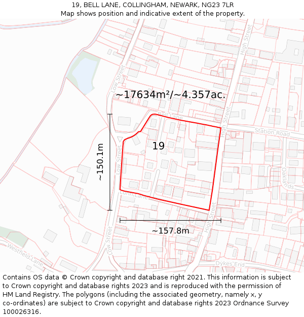 19, BELL LANE, COLLINGHAM, NEWARK, NG23 7LR: Plot and title map