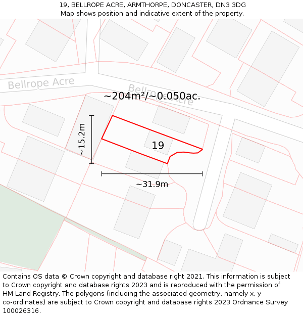 19, BELLROPE ACRE, ARMTHORPE, DONCASTER, DN3 3DG: Plot and title map