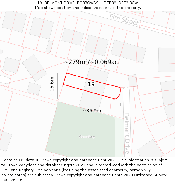 19, BELMONT DRIVE, BORROWASH, DERBY, DE72 3GW: Plot and title map