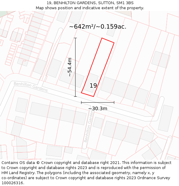 19, BENHILTON GARDENS, SUTTON, SM1 3BS: Plot and title map