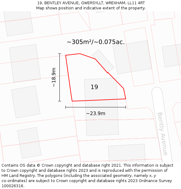 19, BENTLEY AVENUE, GWERSYLLT, WREXHAM, LL11 4RT: Plot and title map