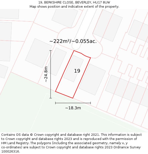 19, BERKSHIRE CLOSE, BEVERLEY, HU17 8UW: Plot and title map