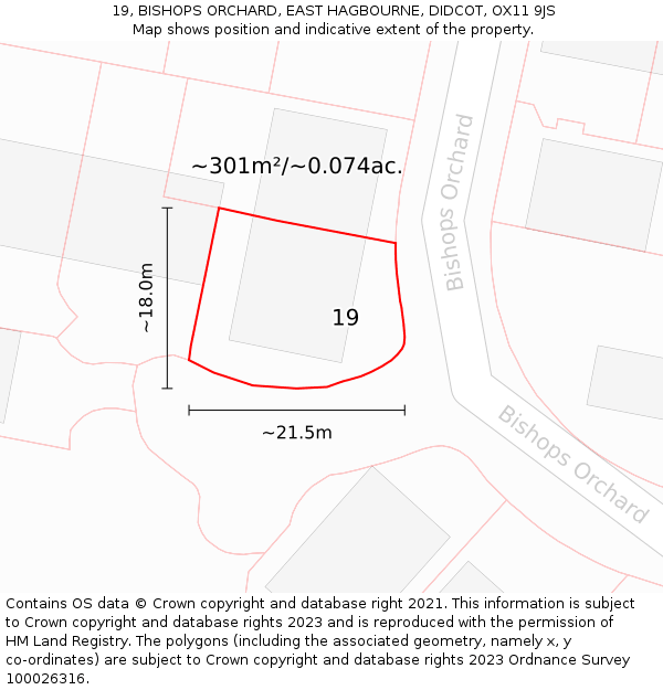 19, BISHOPS ORCHARD, EAST HAGBOURNE, DIDCOT, OX11 9JS: Plot and title map