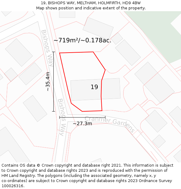 19, BISHOPS WAY, MELTHAM, HOLMFIRTH, HD9 4BW: Plot and title map