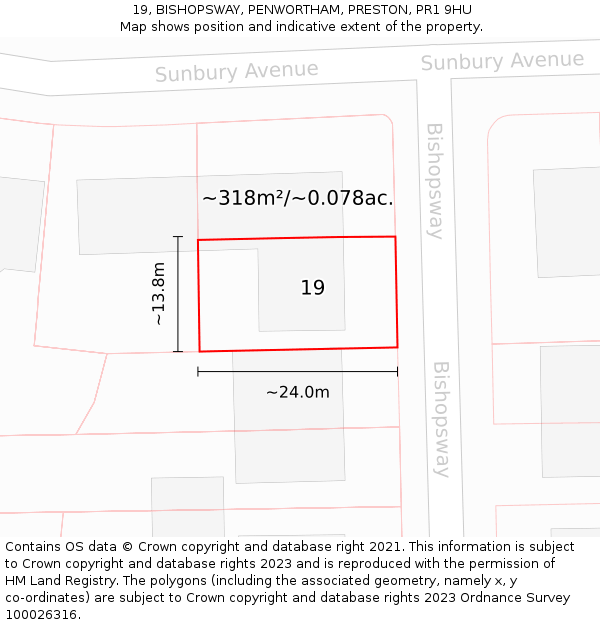 19, BISHOPSWAY, PENWORTHAM, PRESTON, PR1 9HU: Plot and title map