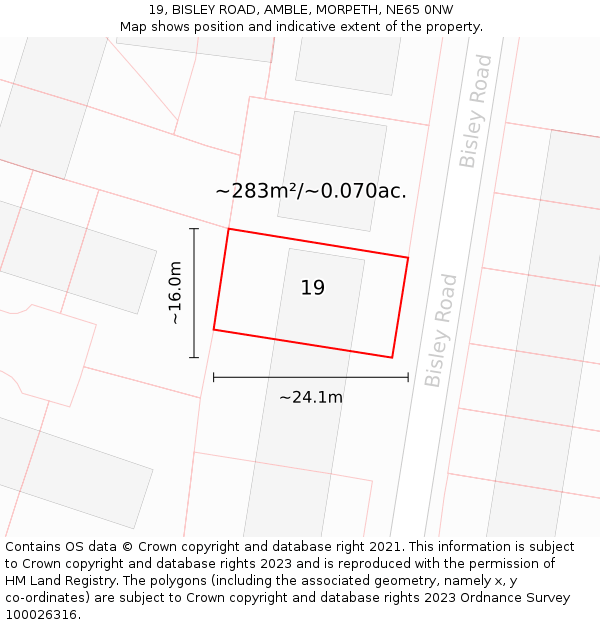 19, BISLEY ROAD, AMBLE, MORPETH, NE65 0NW: Plot and title map