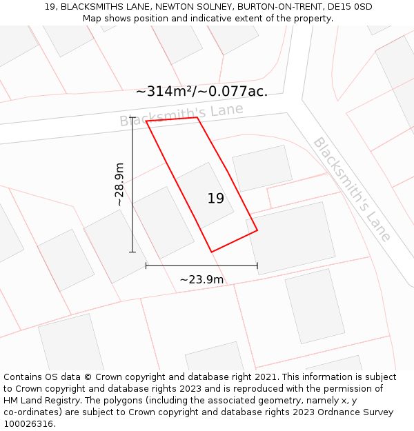 19, BLACKSMITHS LANE, NEWTON SOLNEY, BURTON-ON-TRENT, DE15 0SD: Plot and title map