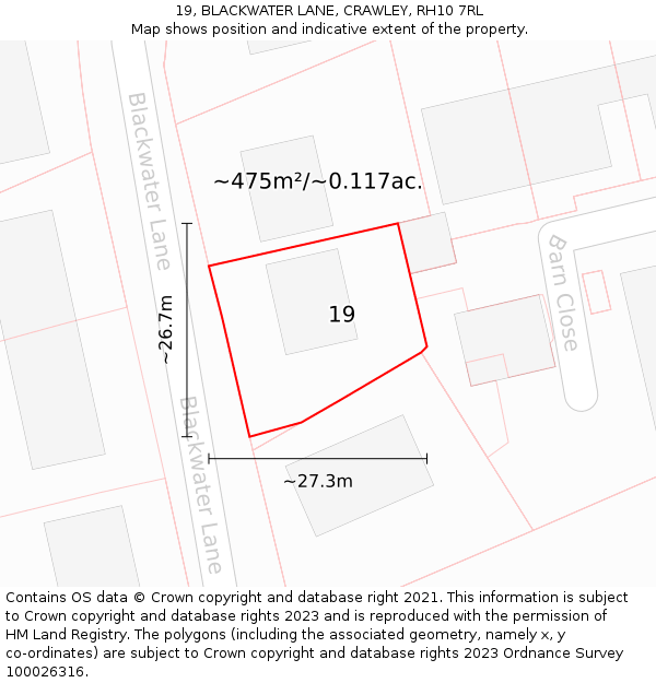 19, BLACKWATER LANE, CRAWLEY, RH10 7RL: Plot and title map