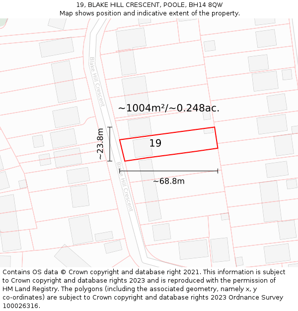 19, BLAKE HILL CRESCENT, POOLE, BH14 8QW: Plot and title map