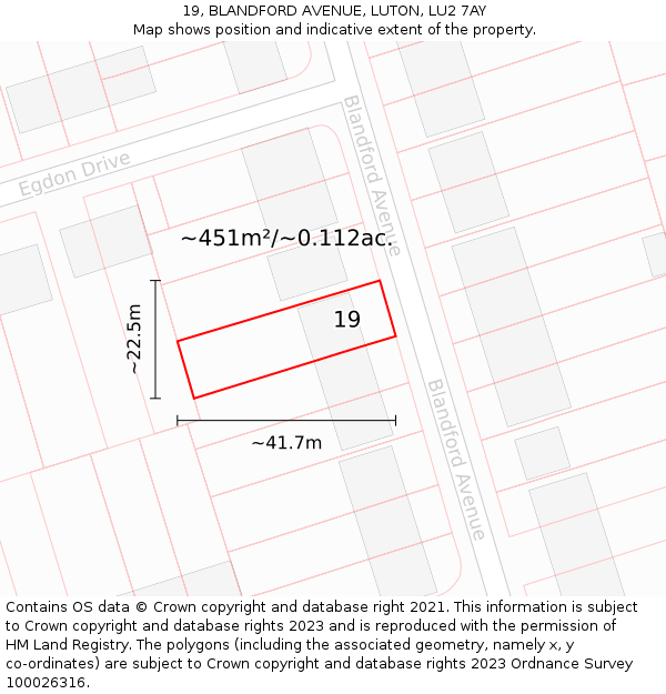 19, BLANDFORD AVENUE, LUTON, LU2 7AY: Plot and title map