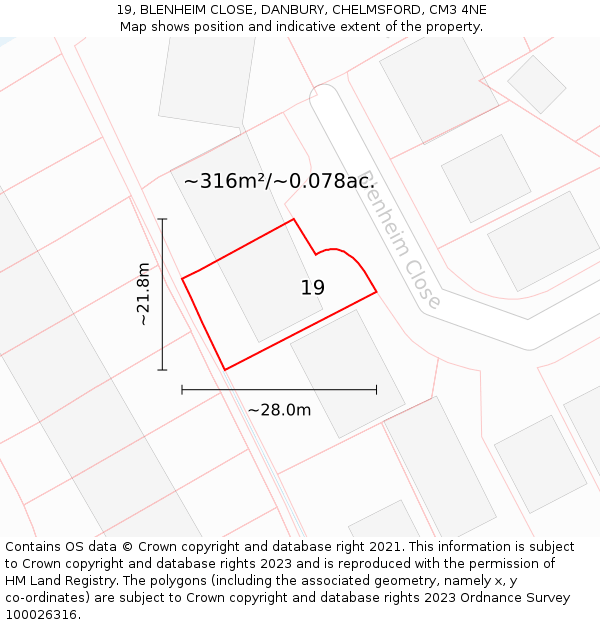 19, BLENHEIM CLOSE, DANBURY, CHELMSFORD, CM3 4NE: Plot and title map