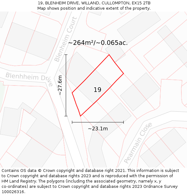 19, BLENHEIM DRIVE, WILLAND, CULLOMPTON, EX15 2TB: Plot and title map