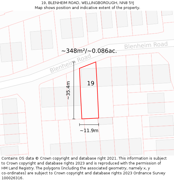 19, BLENHEIM ROAD, WELLINGBOROUGH, NN8 5YJ: Plot and title map