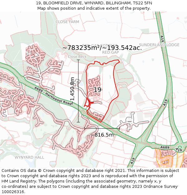 19, BLOOMFIELD DRIVE, WYNYARD, BILLINGHAM, TS22 5FN: Plot and title map