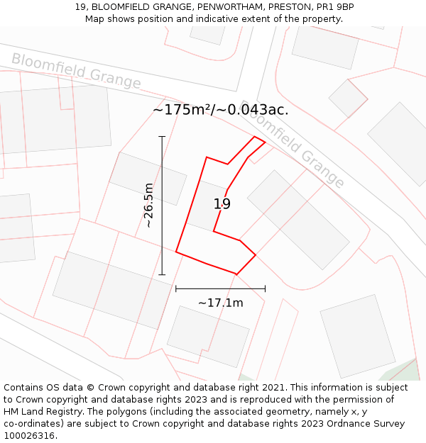 19, BLOOMFIELD GRANGE, PENWORTHAM, PRESTON, PR1 9BP: Plot and title map