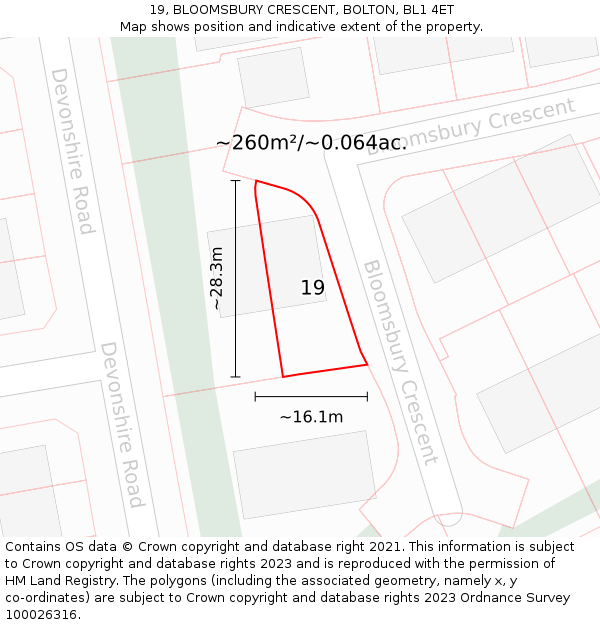 19, BLOOMSBURY CRESCENT, BOLTON, BL1 4ET: Plot and title map