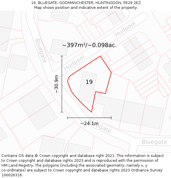 19, BLUEGATE, GODMANCHESTER, HUNTINGDON, PE29 2EZ: Plot and title map