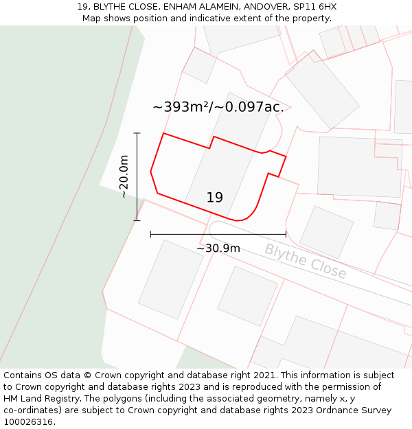 19, BLYTHE CLOSE, ENHAM ALAMEIN, ANDOVER, SP11 6HX: Plot and title map