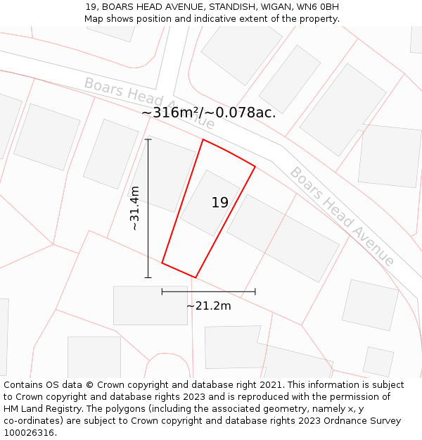 19, BOARS HEAD AVENUE, STANDISH, WIGAN, WN6 0BH: Plot and title map