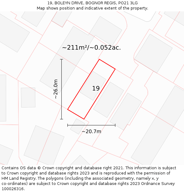 19, BOLEYN DRIVE, BOGNOR REGIS, PO21 3LG: Plot and title map