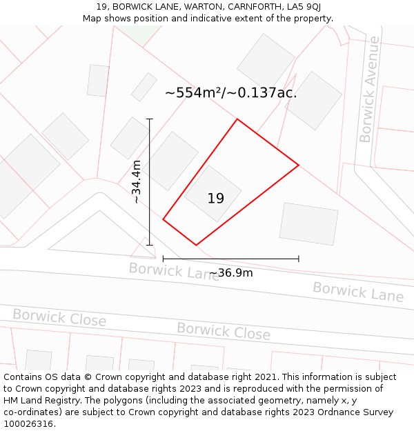 19, BORWICK LANE, WARTON, CARNFORTH, LA5 9QJ: Plot and title map