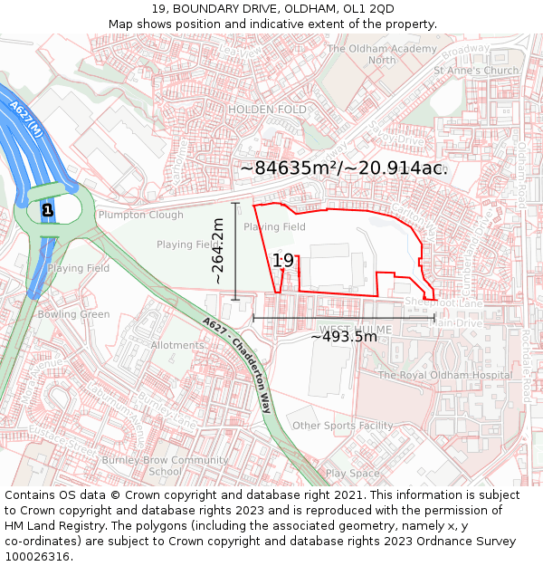 19, BOUNDARY DRIVE, OLDHAM, OL1 2QD: Plot and title map