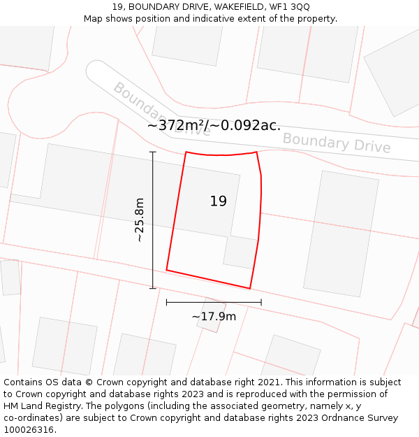 19, BOUNDARY DRIVE, WAKEFIELD, WF1 3QQ: Plot and title map