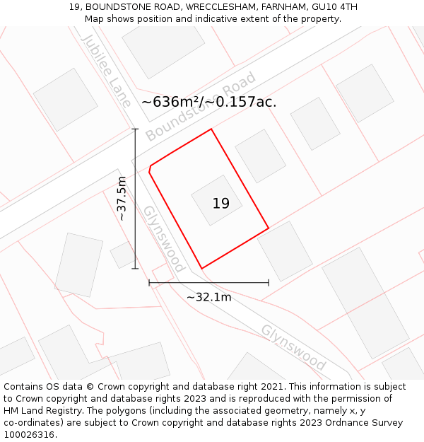 19, BOUNDSTONE ROAD, WRECCLESHAM, FARNHAM, GU10 4TH: Plot and title map
