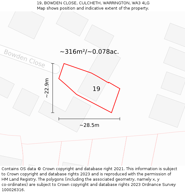 19, BOWDEN CLOSE, CULCHETH, WARRINGTON, WA3 4LG: Plot and title map