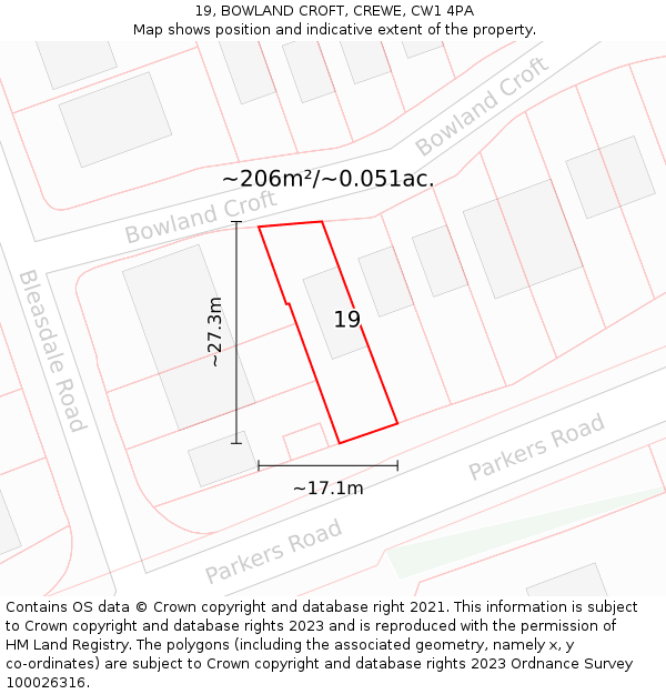 19, BOWLAND CROFT, CREWE, CW1 4PA: Plot and title map